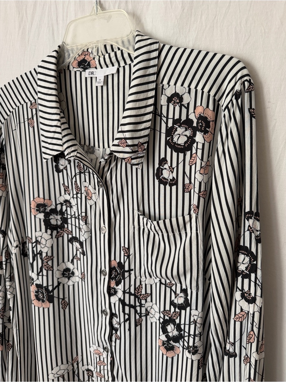 Black and white Striped Floral Button Front Blouse